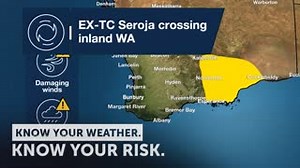 Severe Weather Update: Ex-Tropical Cyclone Seroja crossing inland Western Australia. Video current at 10:00am AEST 12 April, 2021. A severe weather warning for damaging winds and periods of heavy rainfall remains current as Ex-Tropical Cyclone Seroja continues to track through the Western Australian Wheat Belt and the South East Coastal District. For the latest forecasts and warnings, go to our website: http://ow.ly/B1rx50ElUfc or the #BOMWeather app and follow the advice of emergency services. 