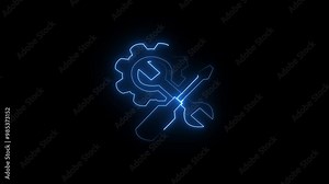 Abstract neon setting icon, Cogwheel with wrench spanner symbol animation. Animated Icon for mechanic maintenance, workshop repair tool. Or web preference setting, on black background. Stock Video