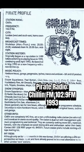 Pirate Focus: Article from 1993 on Chillin FM. Chillin was an East London station based in Wapping, and the first pirate I ever played on, around 1992/93. It broadcast on 102.9 FM, and I’m pretty sure it came out of Fantasy / Pulse FM. Back then I was DJing as DJ Urb, playing hardcore, old skool, and early jungle. I picked this tune because it’s one I remember rinsing on there at the time. Proper early days. #pirateradio #jungle #oldskoolrave #hardcore #ukrave