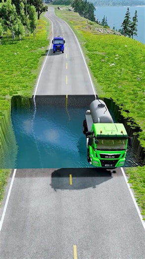 Tanker trucks crossing huge water pit #117 | #carsvsrpothole #beamngcrashes #carsvsstairsbeamng