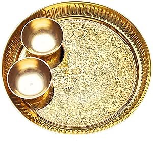 Decorative Brass Thali Plate Indian Brass Thali Prasad Plate with 2 Katori Bowl Patra for Pooja Utensils Indian Traditional decorations (Thali Size:-8") Patra (Set of 2 Katori/Bowl)(Golden)