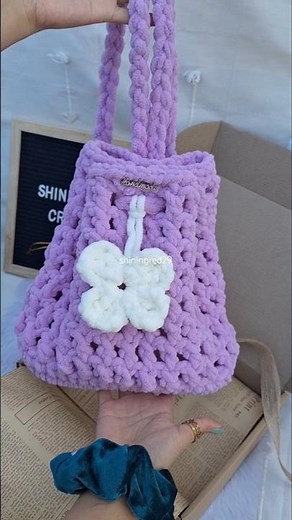 Handmade Crochet Drawstring Bag Backpack in Purple 🌸 #crochetideas #crochet