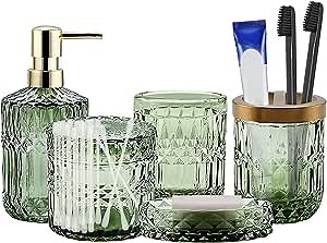 Green Bathroom Accessories Set, 5Pcs Clear Glass Bathroom Accessories, Vanity Bathroom Decor, Lotion Dispenser, Soap Box, Toothbrush Holder, Tumbler, Cotton Swab Jar, Countertop Organizer Set