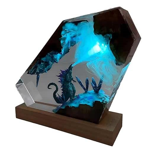 Goodswsw LED Color-Changing Godzilla Resin Art Display, Hexagonal Crystal Desk Lamp with Wooden Base
