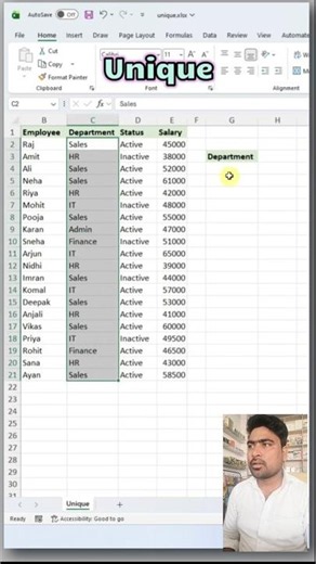 UNIQUE Function in Excel | Create a Unique Department List Instantly ⚡ #excel #shorts