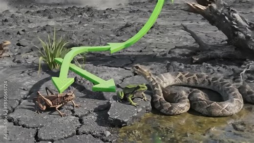 An animated diagram on cracked earth illustrates a food chain, showing the energy flow from grass to a grasshopper, frog, snake, and finally an eagle