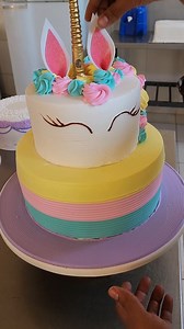 Como decorar un pastel de unicornio de dos pisos con crema chantilly sencillo y facil #twotiercake #unicorncake #ideascake | El mundo de la pasteleria