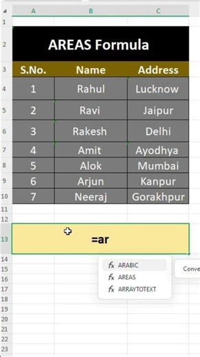 AREAS FUNCTION IN EXCEL. #excel