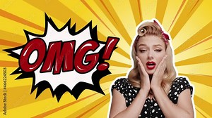 Funny retro pattern strip mock up. Pop art style animation with woman with speech bubble ,4k video animated. Blond young woman posing look camera isolated on Vintage backdrop for comic superhero text.
