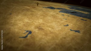 Beijing chines city on retro map in sepia color. Old atlas chart with mark by pushpin.