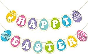 Happy Easter Banner, Happy Spring for Easter, Pre-Strung, Happy Easter Day Home Decor for Mantle Fireplace, Colorful Easter Egg, Easter Party Decorations