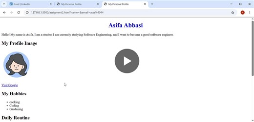 💻 Sharing my HTML assignment! I created a Personal Profile Web Page using basic HTML and CSS as part of my learning. ✨ This page includes: Personal introduction Profile image Hobbies daily routine… | Asifa Abbasi