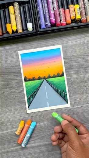 Easy Road Scenery Drawing 🌅 | Sunset Landscape with Oil Pastels
