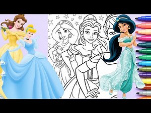 Coloring DISNEY PRINCESSES - JASMINE, BELLE & CINDERELLA Coloring Page with glitter & markers