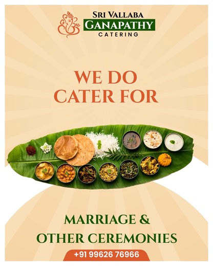 Sri Vallaba Ganapathy Catering on Instagram: "Food is the heart of every celebration, and we ensure it leaves a lasting impression. Our wide range of delicious dishes, professional service, and attention to detail make every event special. 🎉 We cater for all event types Weddings | Family Functions | Corporate Gatherings | Festivals | Special Occasions | Traditional Events Make your celebration unforgettable with food your guests will love. 📞 +91 99626 76966 . . #srivallabacatering #srivallabag