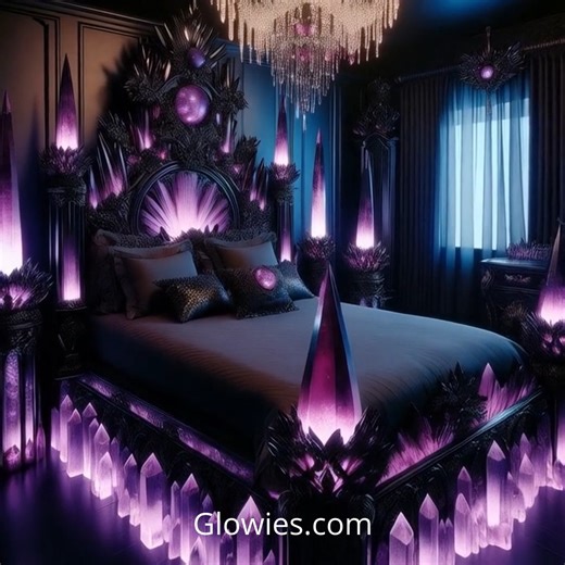 Step into a gothic dream where the bed is carved from enchanting amethyst and surrounded by massive crystals that glow a deep, magical purple. This isn’t just a bedroom—it’s a sanctuary of shadows and shimmer. Each crystal hums with calming energy, wrapping you in a world of mystery and moonlit serenity. Sleep like a dark royalty in a space where gothic elegance meets crystal enchantment. 💜🔮🖤🌙 | Gothic Darling