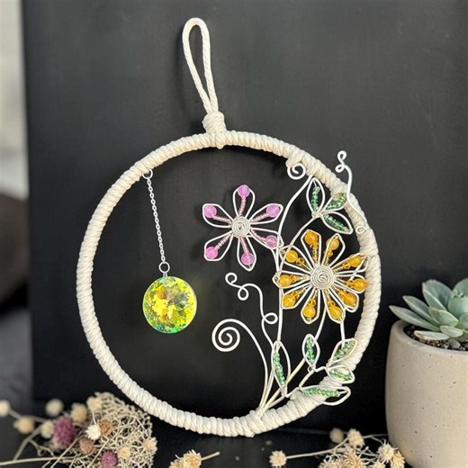 Macrame Hoop Suncatcher | Wire Floral Wall Hanging, Crystal Prism Decor (6 Inch Hoop) - Etsy