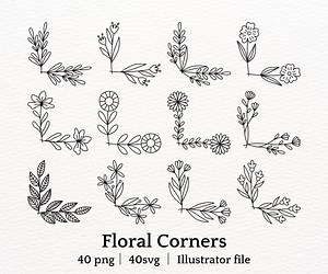 Hand Drawn Floral Corner SVG Bundle PNG AI Cliparts, Botanical Line Art Corners for Wedding Invites Cards Logos and Scrapbooking - Etsy