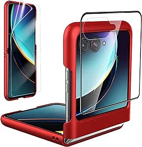 Foluu Slim Fit Case for Motorola Razr Plus 2023, with 1 Pack Soft Inner TPU Moto Razr Plus 2023 Screen Protector, 1 Pack Front Built-in Screen Protector, Matte PC Cover for Motorola Razr+ 2023 Red