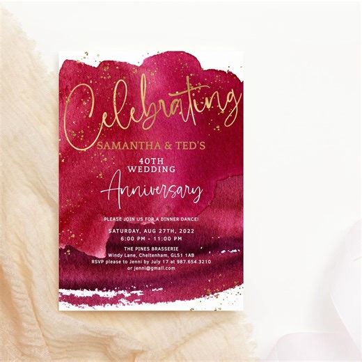 Ruby Wedding Anniversary Invitation Printable 40th Anniversary Party Invite Editable Template Red and Gold Decor Instant Download P362 P132 - Etsy
