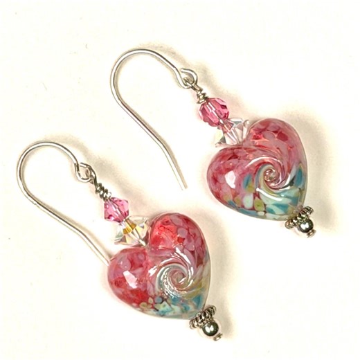 Lampwork Glass Heart Earrings, Sterling Silver, Pink and Green 113 - Etsy