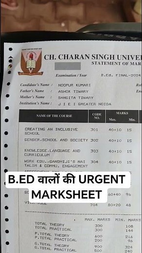 CCS B.ED वालों की URGENT MARKSHEET #CCS #CCSU #URGENT#REQUIREMENT #BED #MARKSHEET #2025