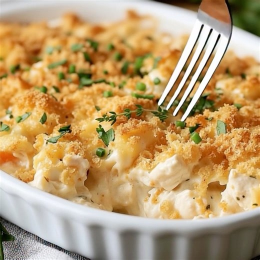 Ritz Cracker Chicken Casserole This creamy, crunchy-topped casserole is simple, flavorful, and always a crowd-pleaser. Ingredients: 3 cups cooked chicken, shredded 1 can (10.5 oz) cream of chicken soup 1/2 cup sour cream 1/2 teaspoon garlic powder 1/4 teaspoon black pepper 1 1/2 cups shredded cheddar cheese 1 sleeve Ritz crackers, crushed 4 tablespoons melted butter Instructions: Preheat oven to 350°F (175°C). Grease an 8x8 inch baking dish. In a bowl, mix soup, sour cream, garlic powder, pepper