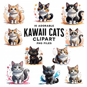 10 Kawaii Cats Clipart - PNG Files - 10 Cute Cats in Different Fur Color - Digital Stickers - Etsy UK