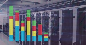 Animation of graph and numbers over servers. Network, computers, finance, data processing and technology concept digitally generated video.