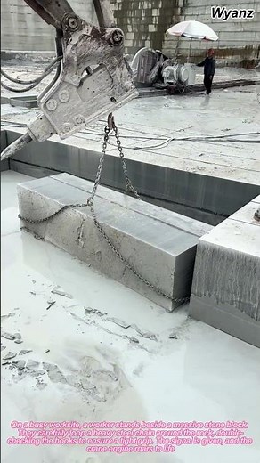construction vlog | worker securing stone block with crane chain