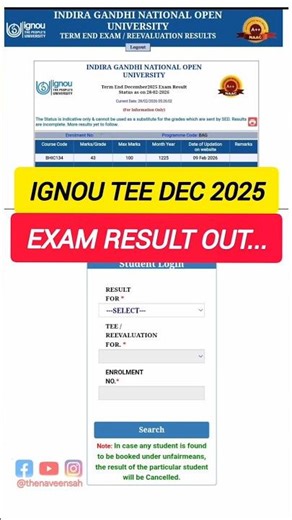 Breaking News) DEC 2025 EXAM Result New Update Published 28th Feb 2026 | IGNOU Exam Result DEC 2025