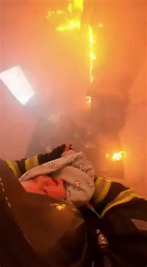 The body cam cuts through heavy gray smoke as the firefighter staggers forward, visibility reduced to just a few feet. Alarms scream nonstop, echoing through the structure while embers fall from the ceiling. Loud coughing fills the audio as the firefighter cradles a small baby against their chest, one arm shielding the child’s face from the smoke, the other gripping the hallway wall to stay oriented. Flames flicker behind them, briefly lighting up the room as the firefighter pushes through the d