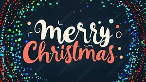 Animated "merry Christmas" lettering. Chunky red and white letters appearing on a screen along with design elements. Digital card for new year isolated on dark blue screen. Alpha/chroma key.