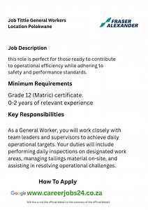 General Workers Opportunity in Polokwane – Entry-Level Positions Available Kindly Find the Application Link in the Comment section to Apply | Job-Opportunities-Available