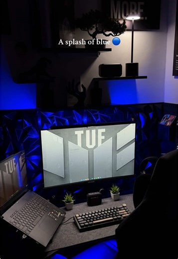 Desk setup with a splash of blue 💙 #desksetup #deskdecor #deskaesthetic #roomsetup #roomdecor #roominspo #gamingsetup #gamingroom