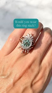 Would you wear a stack this BOLD? ⚡ Fancy shaped contour bands like the Wisteria and Nove really amp up the overall look of any engagement ring, whether a halo, solitaire, cluster, or 3-stone style. 🤩 RING STACK DETAILS: ✨ EMERSON: The small Emerson featuring a 1.25ct aqua-teal moissanite center with a graduated halo of conflict-free diamonds. ✨ WISTERIA: A v-shaped contour band featuring a .40ctw fan of fancy baguette and pear diamonds. ✨ NOVA: A v-shaped contour band featuring a unique burst 