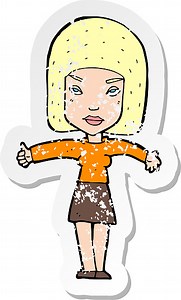 retro distressed sticker of a cartoon woman giving thumbs up symbol