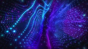 Colorful high-tech background with glowing particles, swirling surface of dots forming complex spiral structure with wave energy. Sci-fi digital space with cyber waves. Abstract background.