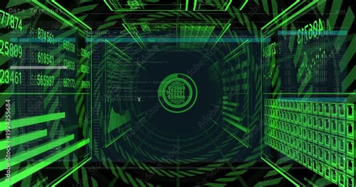 On load neon data tunnel HUD sliding panels, rings rotating, reticle cycling numbers, showing data