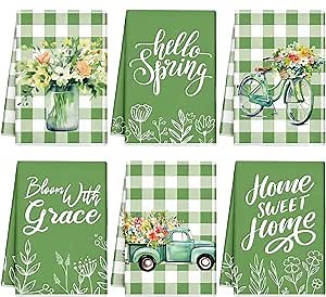 Mixweer 6 Pcs Spring Kitchen Towels 16 x 24 Inch Hello Spring Hand Towels Absorbent Green Floral Dish Cloths Buffalo Plaid Truck Decorative Tea Dishcloths for Kitchen Bathroom Home Decor