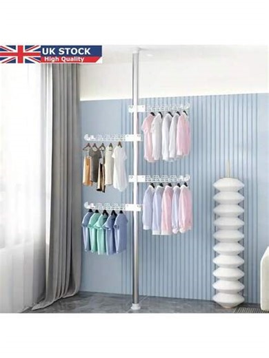 Stainless Steel Telescopic Clothes Drying Rack – Space-Saving Hanging Garment Hanger With No-Drill Installation, Extendable Rod For Balcony & Window, Modern Home Laundry Stand, 4 Layers, Hangers For Clothes, Drying Racks | SHEIN