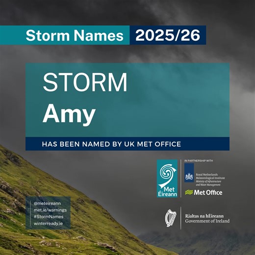 ⚠️#StormAmy has been named by the UK Met Office.⚠️ ➡️This will bring heavy rainfall tomorrow with strong winds expected on Friday. A number of warnings will be issued today, with updates as certainty increases. ℹ️Stay updated at: http://met.ie/warnings-today.html | Met Éireann