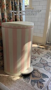 2K views · 1.2K reactions | Taking “reduce, reuse, recycle” to a whole new level… by giving my 10-year-old trash can a full glow-up! ✨ A little cleaning, some spray paint, and a few scallops later, and now it’s basically the cutest thing in the room. Proof that even the most functional things can be fun! ♻️ | At Home with Ashley | Facebook