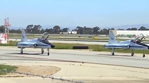 NASA T-38s on a section departure from Long Beach Airport as NASA909 Flight. They took off and flew back to El Paso, setting off a car alarm in the process. Credits : @skyes9_ | Defence Express