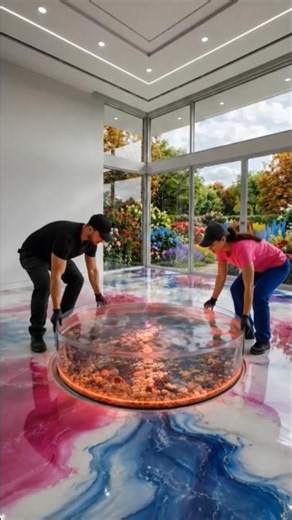 Luxury Living Room with Round Floor Aquarium | Stunning Pink & Blue Epoxy Flooring