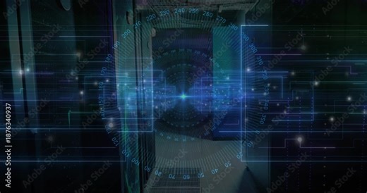 Blue scan initiating rotating numbers and sliding panels in server corridor to visualize data
