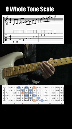 Learn this C Whole Tone Scale Pattern (2-Note per String) with Guitar TAB and Diagram #shorts