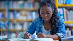This focused student writes notes while reading in a library filled with books.