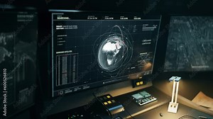 High Tech Spy Satellite Control System Scanning Area On World Map For Intelligence. Spy Satellite Interface Collects Intelligence On Target Location. Spy Intelligence Agency Using Satellite Scanners