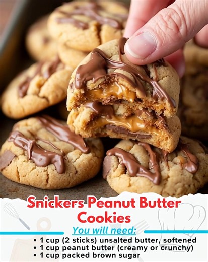 Snickers Peanut Butter Cookies Ingredients: 1 cup (2 sticks) unsalted butter, softened 1 cup peanut butter (creamy or crunchy) 1 cup packed brown sugar 1 cup granulated sugar 2 large eggs 1 teaspoon vanilla extract 3½ cups all-purpose flour 1 teaspoon baking soda ½ teaspoon salt 48 mini Snickers bars, unwrapped Directions | Daily Recipes